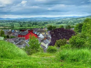 Houses on mountain range