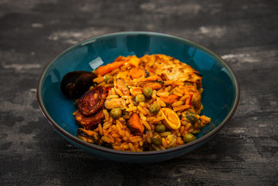 High angle view of food in bowl on table