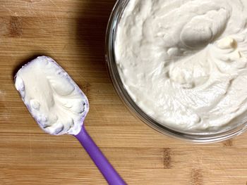 High angle view of ice cream in bowl on table