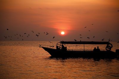 Silhouette birds on sea against sky during sunset