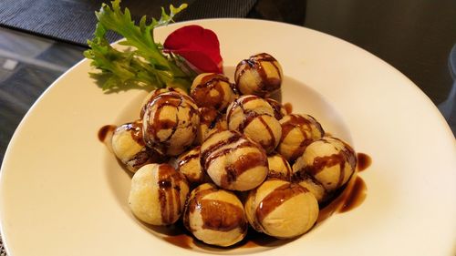 High angle view of dessert in plate on table