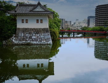 Reflection of building in lake against sky