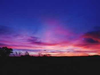 Silhouette of trees against romantic sky at sunset