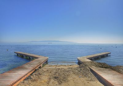 Scenic view of sea against clear blue sky