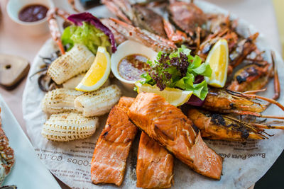 High angle view of meal served on table