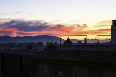 Silhouette of buildings against cloudy sky during sunset