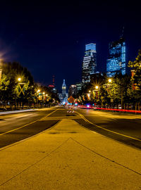 View of city lit up at night