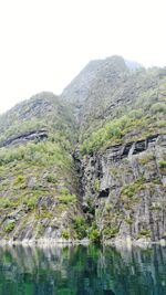 Scenic view of river by mountains against clear sky