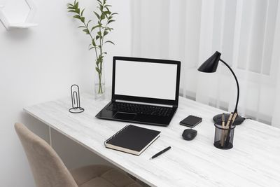 High angle view of laptop on table