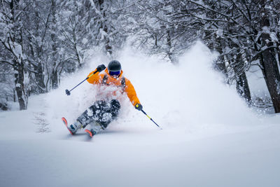 Man skiing on snowcapped mountain against bare trees