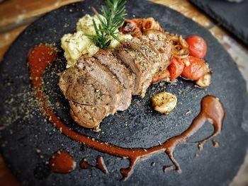 High angle view of food served in plate