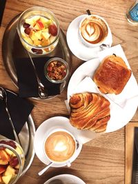 High angle view of breakfast on table