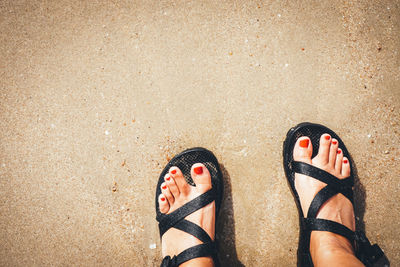 Low section of person wearing shoes standing on beach