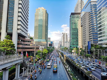 High angle view of traffic jam amidst buildings in city against sky