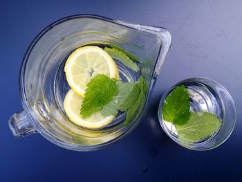 Directly above shot of lemonade on blue background