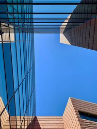 Low angle view of modern building against clear blue sky