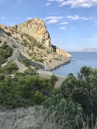 Scenic view of sea and mountains against sky