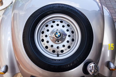 High angle view of tire in car