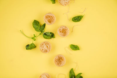 High angle view of food against yellow background