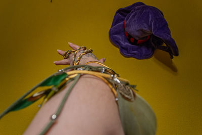 Close-up of hand holding yellow flower