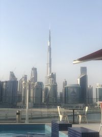 Modern buildings in city against clear sky