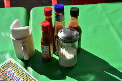 Close-up of bottles on table