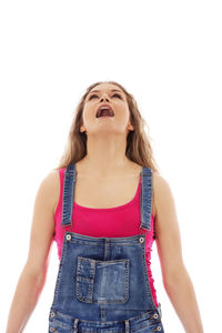Portrait of a beautiful young woman over white background