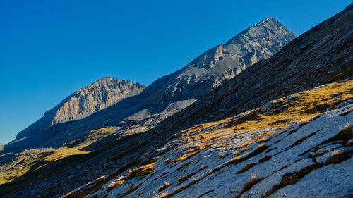 Scenic view of snowcapped mountains against clear blue sky