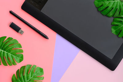 High angle view of leaves with graphics tablet and usb stick on table