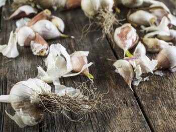 Close-up of garlic on wooden table