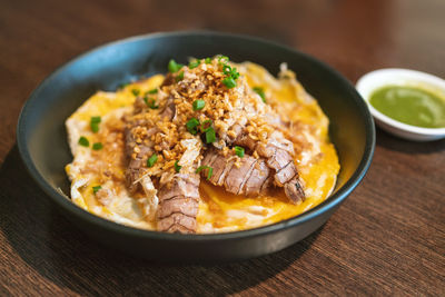 High angle view of food in bowl on table