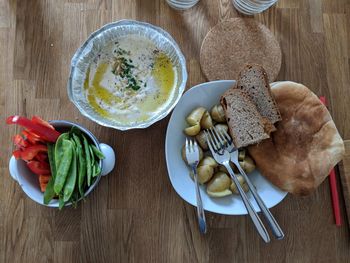 High angle view of breakfast on table