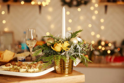 Close-up of christmas decorations on table