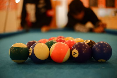 Close-up of balls on snooker table