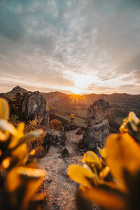 Sunrise at sulov rocks in eastern slovakia. rough, untouched landscape with rocks in orange light.