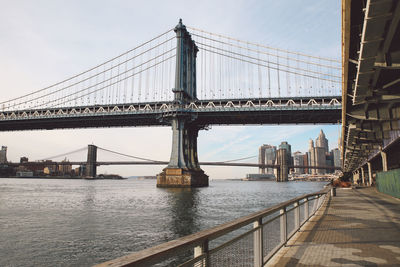 Bridges on east river against clear sky seen from pier