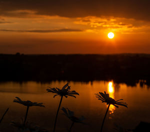 Scenic view of lake against romantic sky at sunset