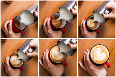 High angle view of coffee cups on table