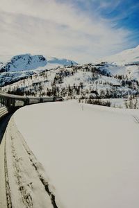 Scenic view of snow covered mountain against sky