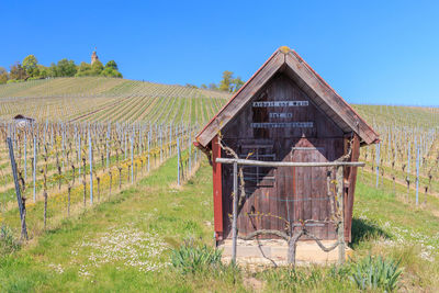 Barn on field against clear sky