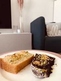 Close-up of breakfast served on table at home