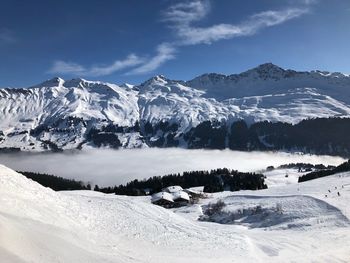 Scenic view of snowcapped mountains against sky