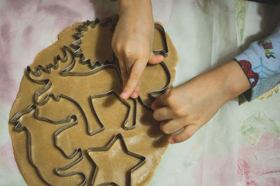 Cropped hand of boy making gingerbread cookies
