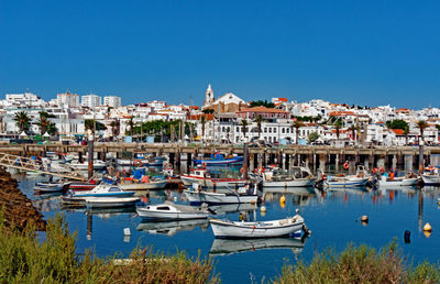 Boats moored in harbor against buildings in city