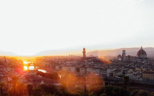 High angle view of buildings in city at sunset