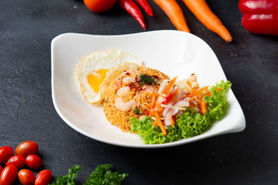 High angle view of meal served on table