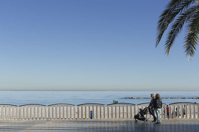 People standing on beach against clear blue sky