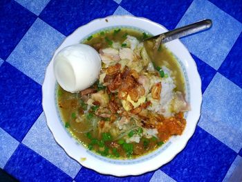 High angle view of soup in bowl on table