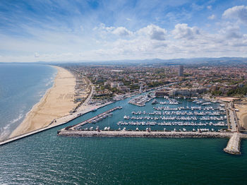 Panoramic view of rimini, its sea, its beaches and its port on the romagna riviera in post-pandemic 