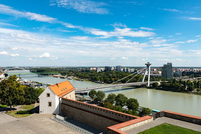 High angle view of river by buildings against sky